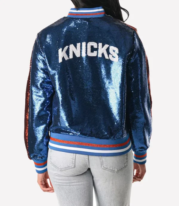 Women's New York Knicks Sequin Blue Bomber Jacket