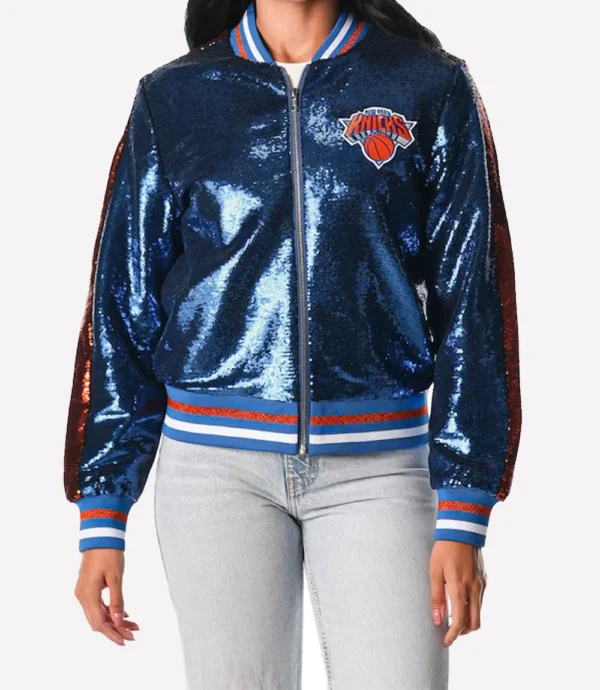 New York Knicks The Wild Collective Women's Sequin Bomber Full-Zip Blue Jacket
