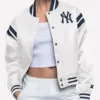 New York Yankees Starter Women's Full Count Full-Snap White Cropped Varsity Jacket