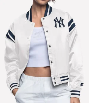New York Yankees Starter Women's Full Count Full-Snap White Cropped Varsity Jacket