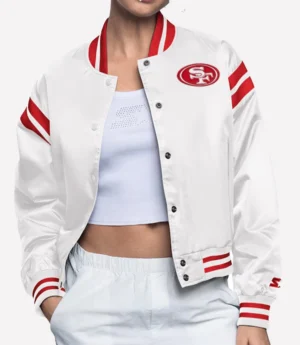 San Francisco 49ers Starter Women's Full Count Full-Snap Cream Satin Varsity Jacket