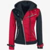 Harley Quinn Biker Style Black and Red Hoodie Jacket For Womens