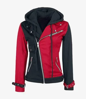 Harley Quinn Biker Style Black and Red Hoodie Jacket For Womens